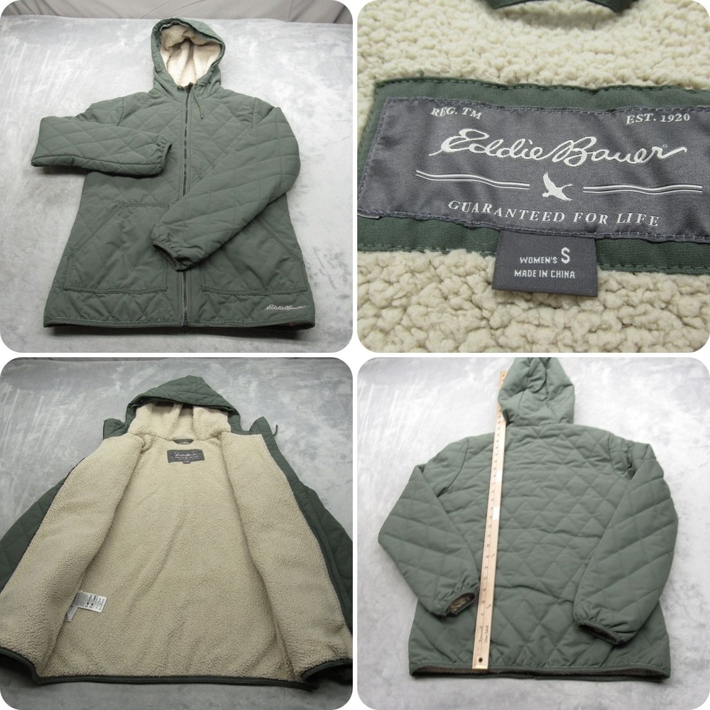 Eddie Bauer Jacket‎ Womens Small Green Quilted Sherpa Lined Hooded Full Zip